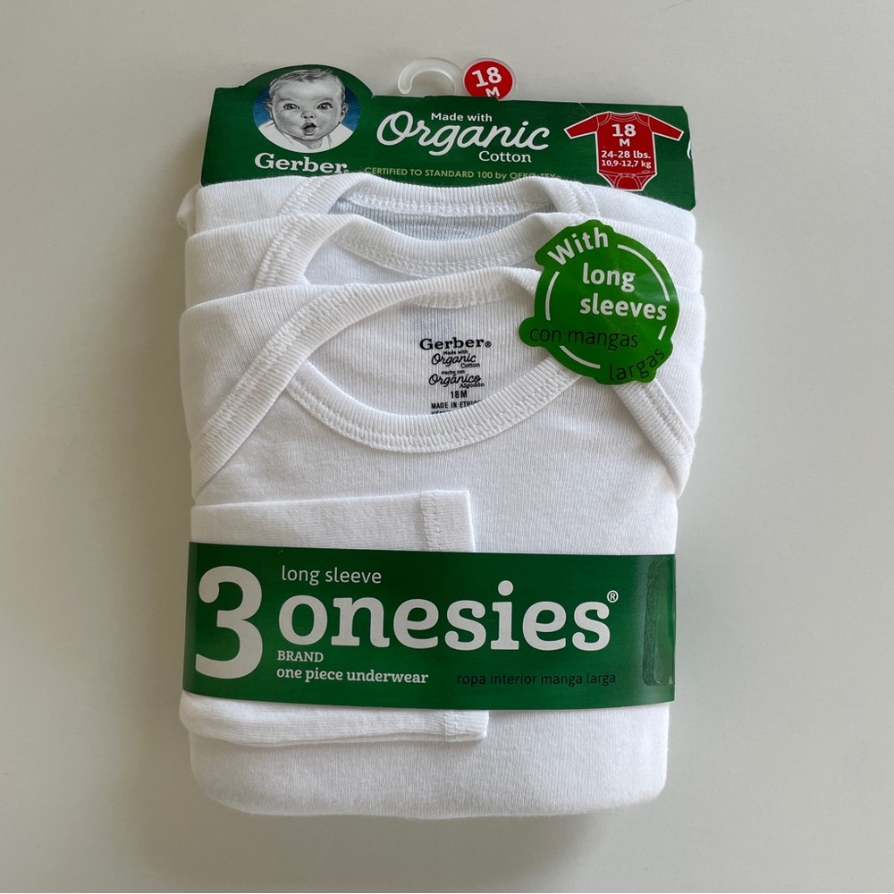 Gerber Organic 3 Long Sleeve Onesies, white - Picture 4 of 11